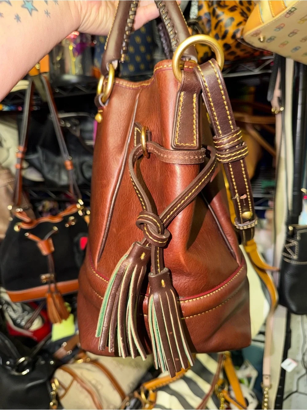 Dooney & Bourke Buckley Bag Leather Tote with Dual Handles in the color Chestnut